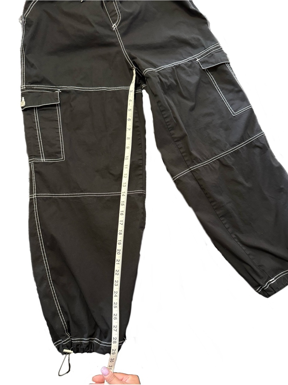 Almost Famous Black Cargo Jogger Pants with White Contrast Stitching Size M - Picture 5 of 10